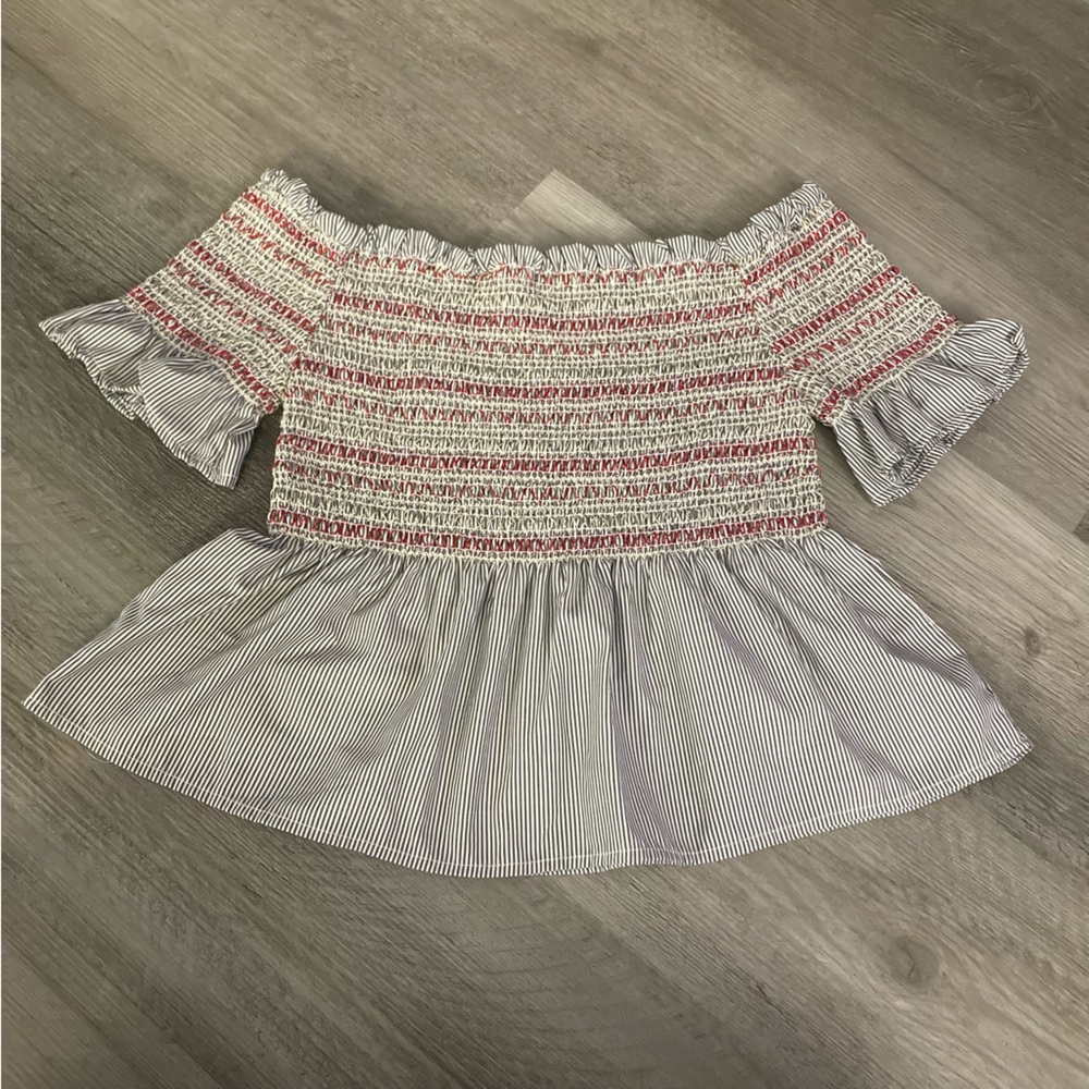 Style Envy striped smocked embroidered off the shoulder crop top - Picture 5 of 9